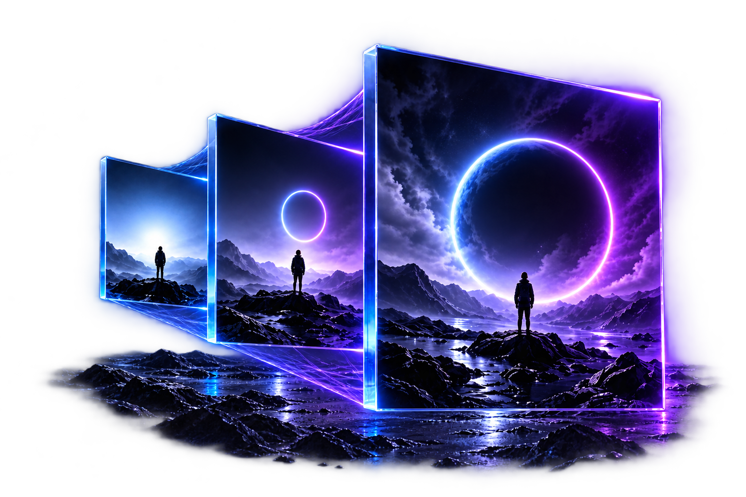 Three linked versions of the same cinematic scene, framed in blue and violet light.
